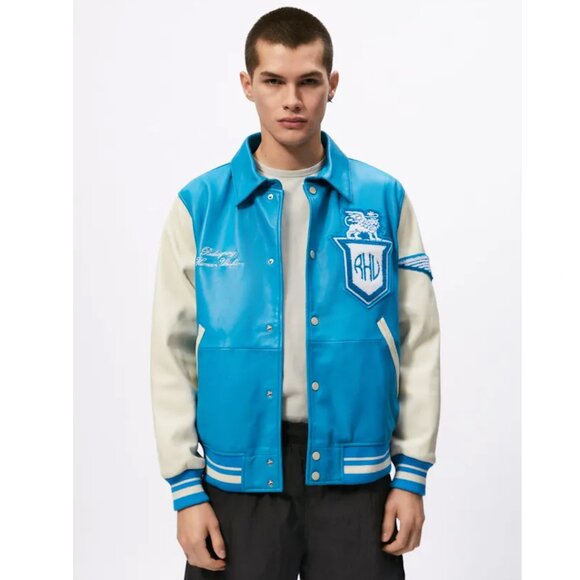Zara X Rhuigi Leather Varsity Bomber Jacket Blue White NWT - Picture 4 of 13